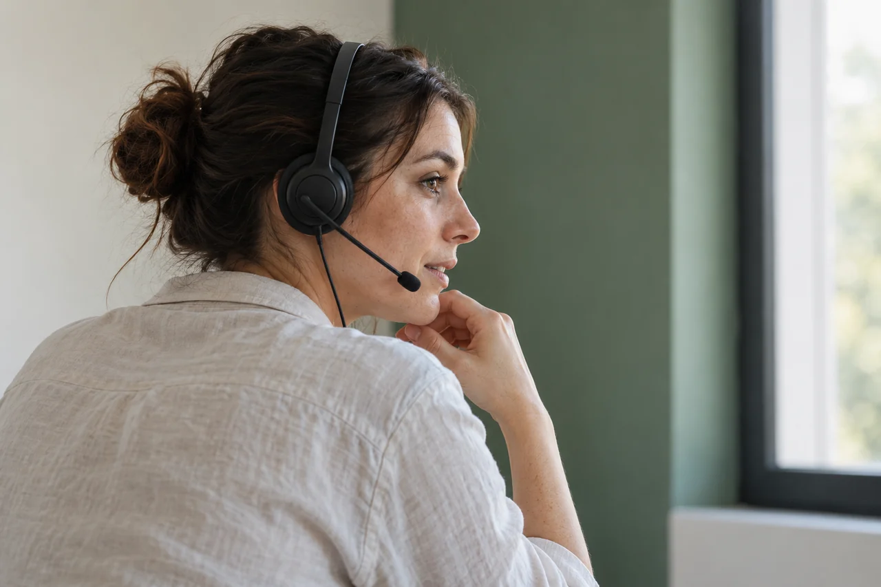 Support specialist wearing a headset while listening to a customer