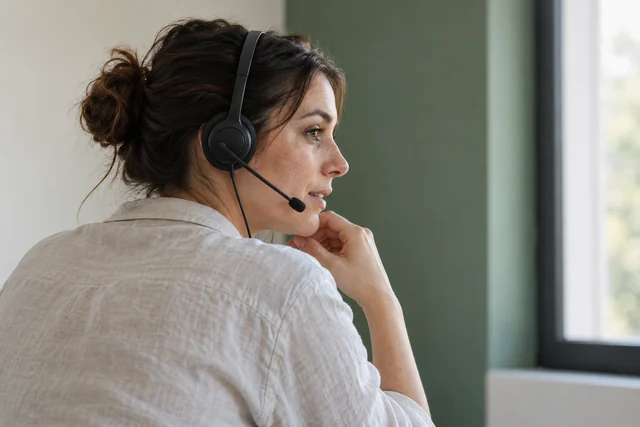 Support specialist wearing a headset while listening to a customer
