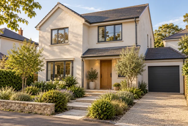 Street-level view of a welcoming contemporary home and its front entrance