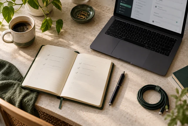 Open paper checklist beside a laptop, pen and coiled cable