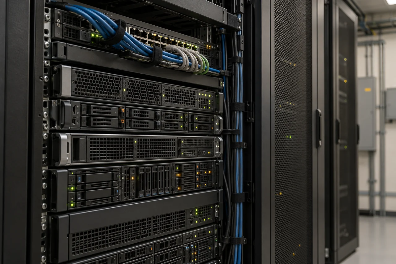 Close view of server equipment and network connections in a small server room