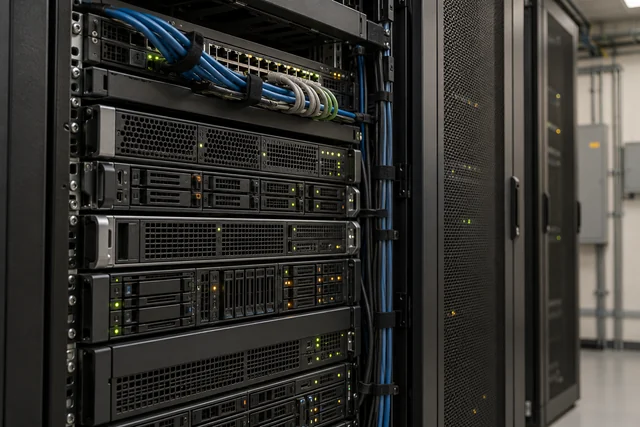 Close view of server equipment and network connections in a small server room