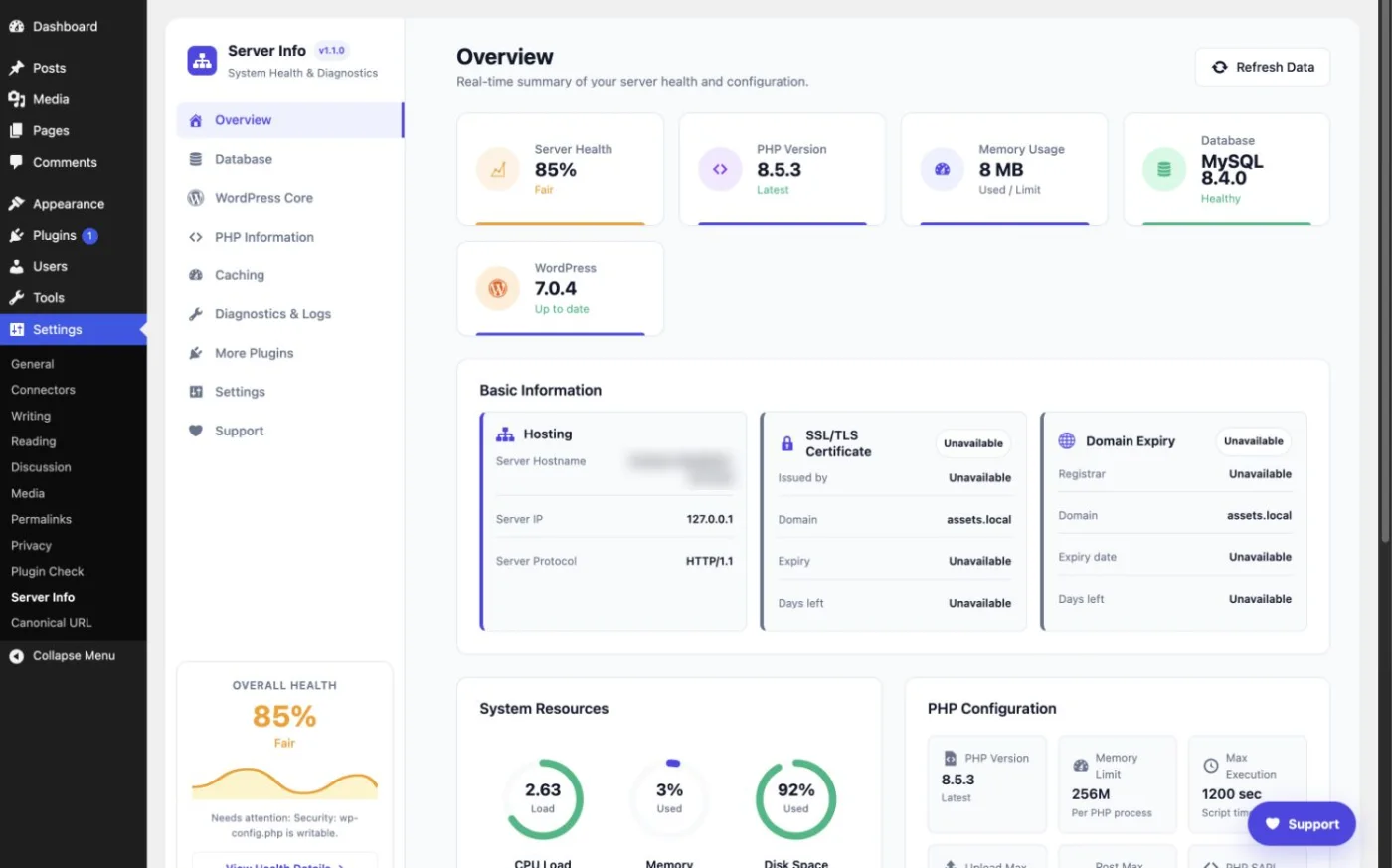 A WordPress site health dashboard we built
