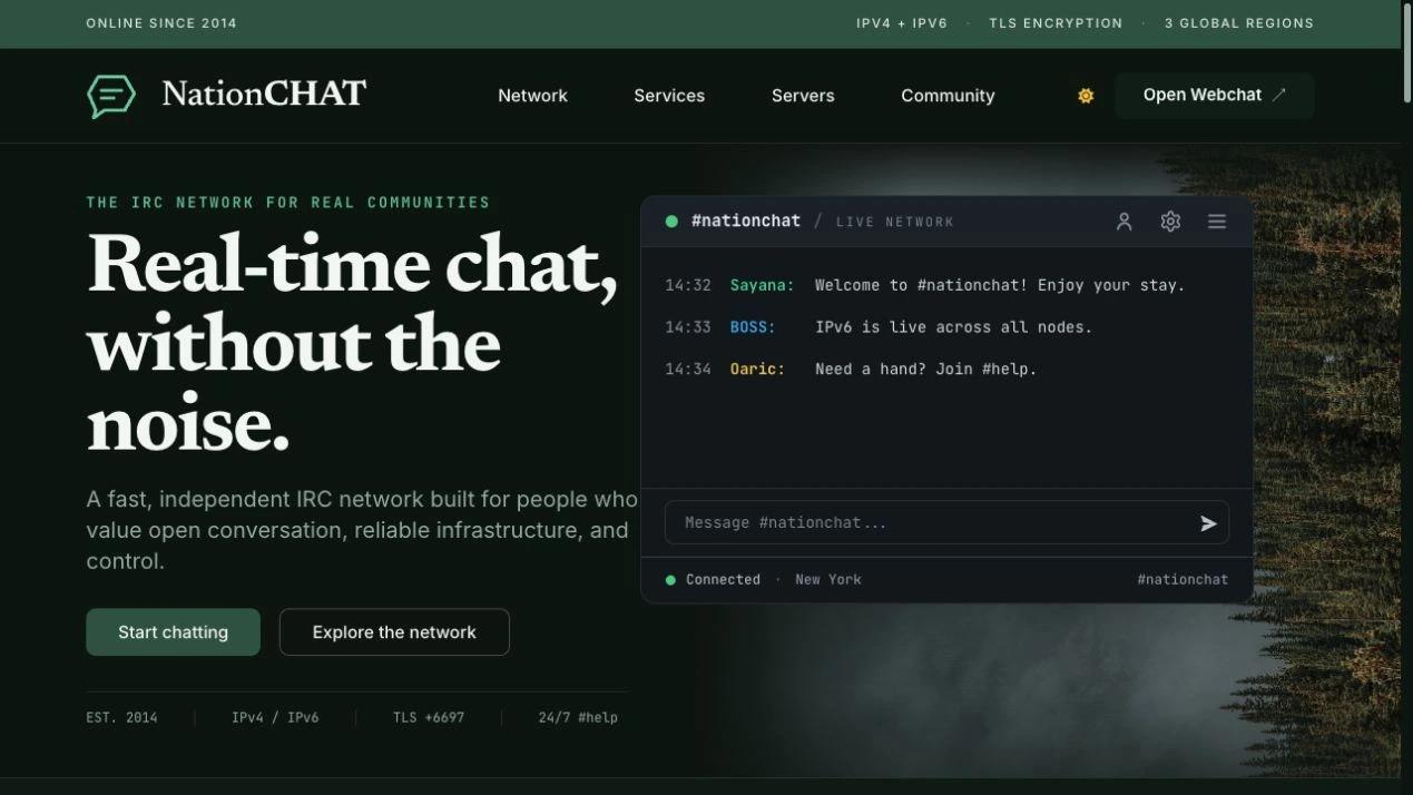 The redesigned NationChat homepage, with its green and charcoal design and chat preview